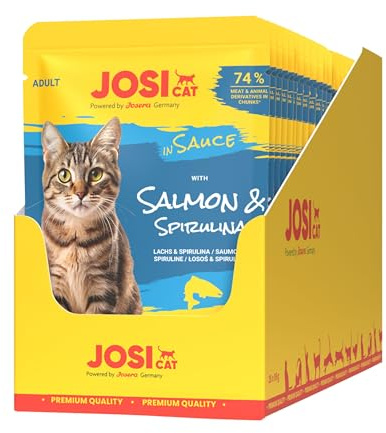 JosiCat med salmon i sås (28 x 85 g) | Vuxen | Premium våtfoder för vuxna katter | Med fin lax i sås | Utan tillsatser och konserveringsmedel | 28-pack