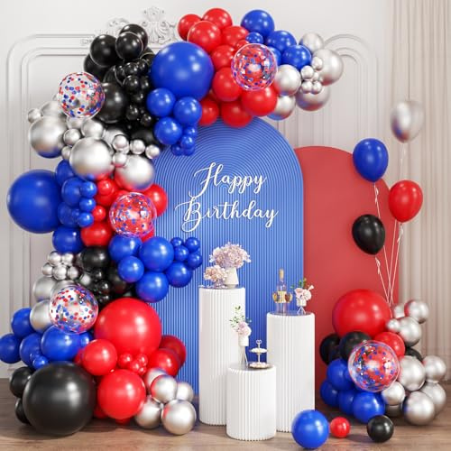 ZHIYAPA Red Black Blue Silver Balloons Garland Arch Kit, 167Pcs Latex Balloons Different Sizes 18 12 10 5 inch for Birthday Graduation Baby Shower Spider Theme Party Decorations