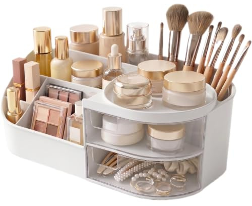 Organizador de cosméticos con cajones – Organizador de maquillaje para tocador, almacenamiento de cosméticos con 9 compartimentos y 2 cajones transparentes, organizador de tocador para baño