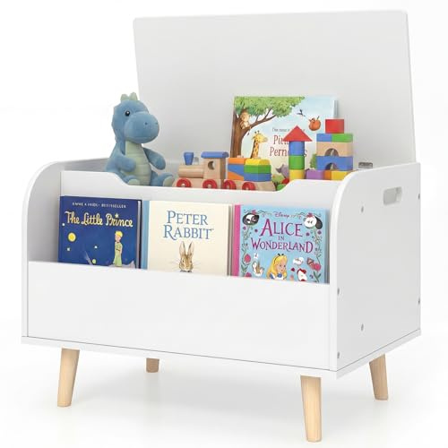 GYMAX Wooden Toy Box, Kids Storage Chest with Book Storage Space, Lid & Safety Hinge, Flip-Top Toddler Toy Organizer for Boys Girls (White, 60 x 40 x 43cm)