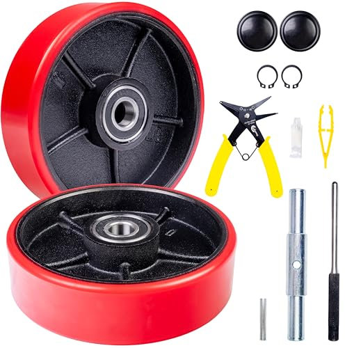 Pallet Jack/Truck Steering Wheels Set with Axle, Fasteners and Protective Caps (4 pcs) 7 x 2 with Bearings ID 20mm Poly Tread Red, Tool Kit Included