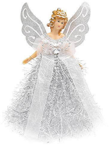 Belle Vous Christmas Tree Toppers - 20.5 x 8.2cm Plastic, Silver Angel Tree Topper - Fairy Treetop Pendant for Christmas Tree Decorations, Christmas Tree Ornaments and Festive Home Decor