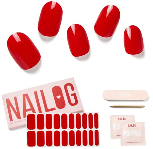 NAILOG Semi Cured Gel Nail Strips, 20 Pieces Extra Long Nail Polish Strips, Long Lasting Semi Cured Gel Nail Stickers with Soft Glossy Finish,Rouge