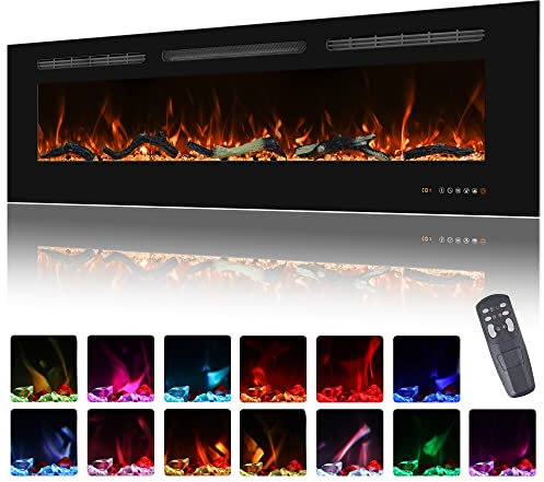 127cm Electric Fireplace Insert, Wall Mounted Fireplace Heater, 13 * 13 Flame Effects, Realistic Logs Ember Bed, Adjustable Thermostat & Timer, 1500W, Black(50)