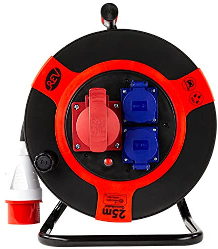 REV Kabeltrommel EX, 25m, H07RN, IP44, 9000W, Verlängerungskabel, Outdoor, 1 CEE - und 2 Schutzkontaktsteckdosen, rot