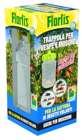 Flortis Trappola vespe, mosche, calabroni, moscerini. Cattura insetti volanti multiuso. Trappola ecologica da esterno. Trappola calabroni bottiglia e tappo tap trap. Trappola per mosche 9x20,5cm.