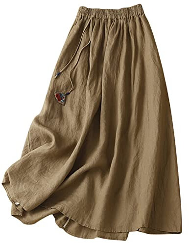 Leinen Röcke Damen Lang Sommerröcke High Waist Langer Rock A-Linie Röcke Einfarbig Sommerrock Damen Casual Maxirock Sommer Leinenrock Klassisch Stickerei Midirock Lose Damenrock mit Gummiband