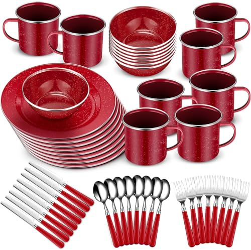 Nuogo 48 Pcs Camping Dinnerware Enamel Mugs Plates Bowls Utensils, Red