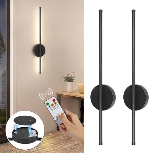 TaoFiaCo 60CM Appliques Murale LED Intérieure Noir Lot de 2 - Lampe Murale sans Fil 3 Températures de Couleur - Luminaire Mural à Batterie avec Télécommande pour Chambre à Coucher Salon Salle à Manger