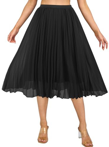 Soudittur Damen Sommer Chiffon Rock A-Linie Plissee-Rock Midilänge Faltenrock mit Elastischer Taille Leichter Flowy Midirock für Freizeit, Strand & Party(Schwarz, L)