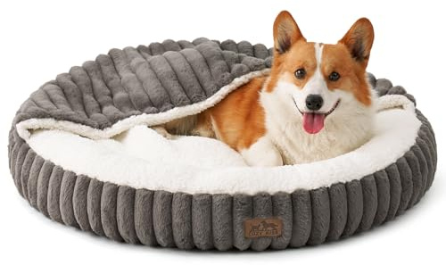COZY KISS Dog Bed with Blanket for Medium Dogs, 66cm Donut Cat Cave, Grey | Faux Fur Dog Bed, Donut Cat Bed with Blanket, Washable, Non-Slip, Head Support, for Medium Dogs & Large Cats, 18cm H, Grey