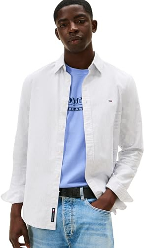Tommy Jeans TJM Camisa Oxford de Rayas Delgadas EXT DM0DM20668 L/S, Color Azul (Iris nórdico/Rayas), L, Azul (Nordic Iris/Stripes), L