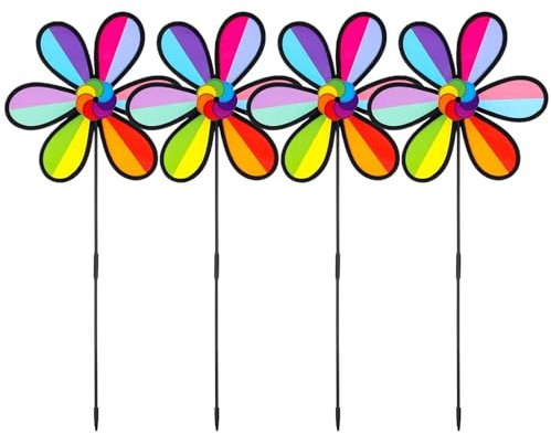Moulin à Vent de Jardin,Lot De 4 Girouettes Jardin en Forme de Pétales Colorés - Décoration Artistique D'extérieur pour Pelouse Terrasse Balcon Cour Et Événements Festifs