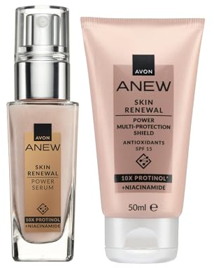 Avon Anew Multi-protection Shield Day Cream with SPF 15 & Antioxidants 50ml & Avon Anew Renewal Power Serum 30ml Duo, Formulated with Protinol™ Technology, For Firmer Looking Skin, Cruelty Free