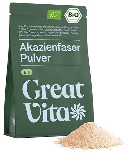 GreatVita - Polvere di acacia biologica, 400 g, oltre il 90% di fibre solubili, insapore e solubile al 100% | Fibra di acacia vegana con calcio, magnesio, potassio e fosforo, senza ingegneria genetica