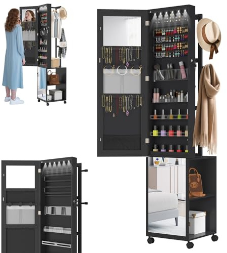 LZQ Armoire à bijoux avec miroir et lumières LED - Verrouillable - Avec roues et étagères - 3 en 1 - Rangement de bijoux - 36 x 40 x 170 cm - Noir