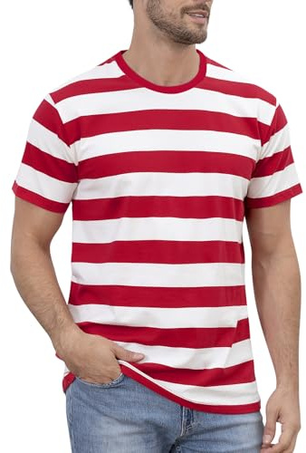 COSAVOROCK Maglietta a Righe Uomo Camicia in Cotone a Maniche Corte, Rosso Bianco, M