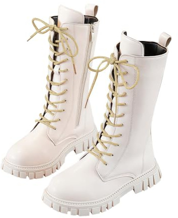 Kuxiadan Girls Boots Lace Up Riding Boots Kids White Combat Boot with Side Zippers Mid-Calf Cowgirl Boots PU Leather Waterproof Shoes Punk Goth Boot 4-11 Years for Autumn and Winter
