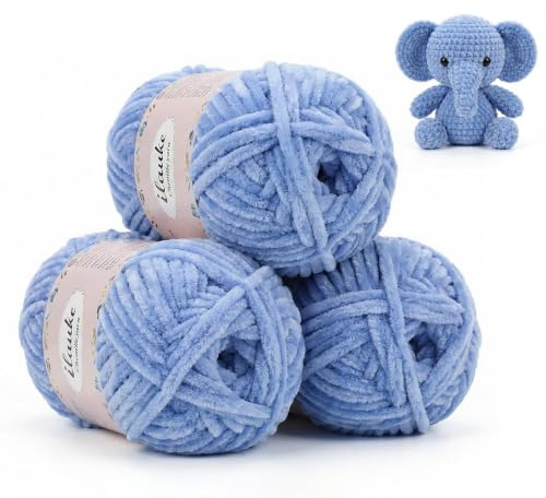 ilauke Chenille Yarn, 300g Blue Crochet Yarn for Amigurumi, Blanket | Less Shedding, Less Tangling, Knitting Wool, Chunky Yarn Fluffy Wool for Crochet for Beginners or Craft Enthusiasts