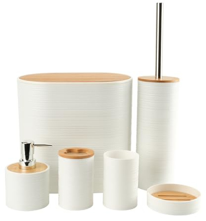 Juego de Accesorios de Baño 6 Piezas Plástico y Bambú Moderno de Artículos Esenciales para el Baño, Incluye Soporte para Cepillo de Dientes, Cubo de Basura, Escobilla y Dispensador de Jabón (Blanco)