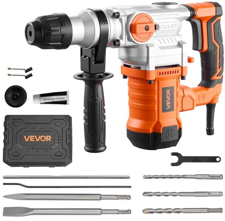 VEVOR Rotary Hammer Drill, 1-1/8 in SDS-Plus Electric Corded Heavy Duty Rotary Hammer, Including 3 Drill Bits, Flat Chisel, Pointed Chisel, Grease, Brush, and Carrying Case, for Concrete and Masonry