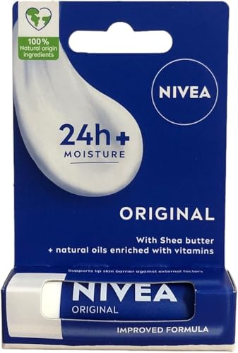 NIVEA Lip Balm Original Care (4.8g) Protective Lip Moisturiser with Shea Butter and Natural Oils, Caring Lip Balm for 24h Moisture Care, Melt-In Lip Care