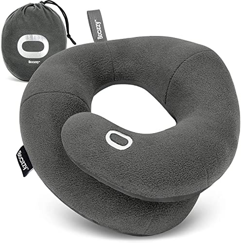 BCOZZY Travel Neck Pillow for Airplane, Head & Chin Support, X-Large Gray | Rest comfortably on flights and road trips. Arrive refreshed. Soft, adjustable, washable and lightweight, with a carry bag.