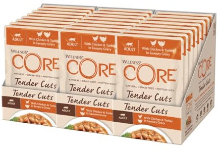 Wellness CORE Tender Cuts, Huhn & Pute, 24 x 85 g, Premium Nassfutter für ausgewachsene Katzen in Sauce, ohne Zuckerzusatz, getreidefrei, mit hohem Fleischanteil