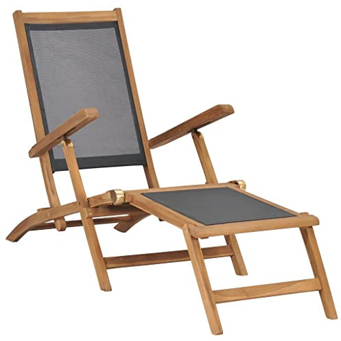 vidaXL Teak Massiv Liegestuhl mit Fußablage Klappbar Sonnenliege Gartenliege Deckchair Gartenmöbel Holzliege Liege Relaxliege Schwarz