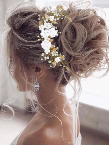 Vakkery Flower Bride Wedding Hair Vine Pearl Hair Accessories Bridal Headband Headpiece for Women and Girls (Gold)