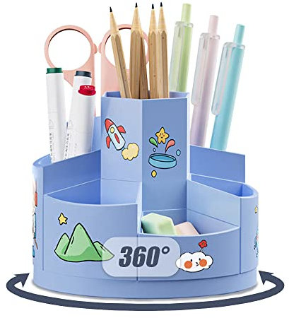 Kaizuca 360° Rotatable Rotating Pen Caddy, Creative Pen Pot, Desktop Stationary Organizer, with 2 Piece Cartoon Stickers, with 7 Compartments and Anti Slip Mat, for Office Storage (Blue)
