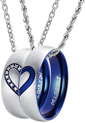 ANAZOZ Collier Pendentif 2 Anneaux I Love You, Bague Bicolore Bleue en Acier Inoxydable Cœur Amour Éternel Classique avec Chaîne de Métal Cadeau pour La Saint-Valentin