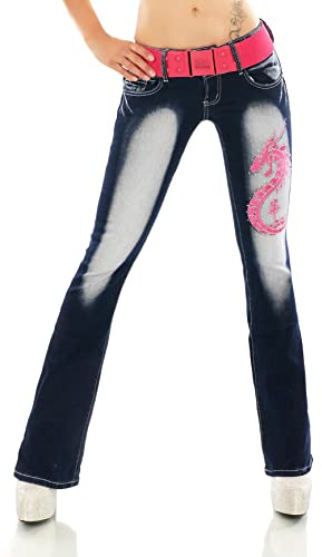 Damjeans, bootcut, utsvängda jeans, med olika broderier, tatuering, drake, bukett, med skrift, inklusive bälte, storlek XS–XXL