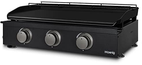 H.Koenig PLX1032 Plancha de Gas, 3 quemadores en U, Acero Inoxidable, Placa en Hierro Fundido, Gas Propano o Butano, Facil Limpieza, Antideslizante, Negro