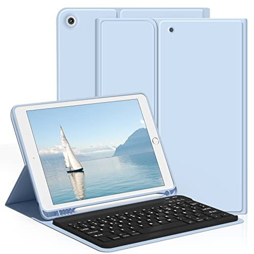 aoub Hülle mit Tastatur für iPad 9./8./ 7. Generation, Kabellose QWERTZ Tastatur Hülle mit Stifthalter für iPad 10,2 Zoll 2021/2020/2019, Himmelblau
