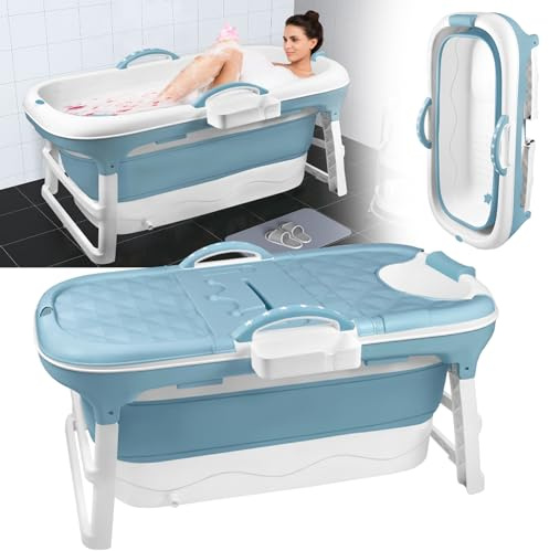 HENGMEI Vuxna vikbart badkar L Mobilt bärbart badkar med lock Massagerullar och badhylla, blå (112 x 62 x 52 cm)