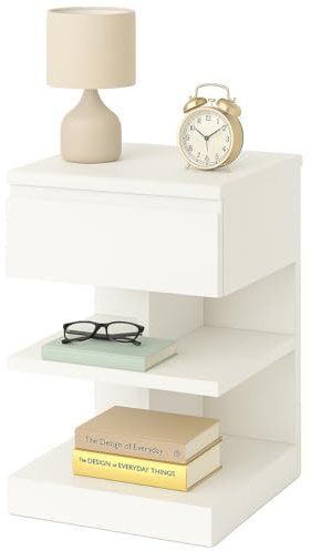 BAKAJI Comodino Design Moderno con 1 Cassetto e 2 Ripiani Aperti Portaoggetti, Mobiletto Slim Robusto Colore Bianco, Salvaspazio Ideale per Camera da Letto, Salotto, Dimensioni Mobiletto 39x39x65cm