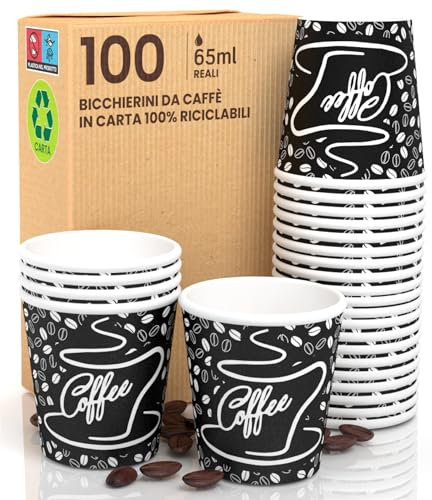 Eurocali 100 Bicchierini in Carta per caffè 65ml BlackCUP Bicchieri Ecologici Biodegradabili Monouso Piccoli Asporto Bevande Calde