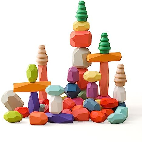 Promise Babe Montessori Holzspielzeug 48 PCS Balanciersteine für Kinder,Stapelsteine Bausteine Balance Steine, Holz Stapelspielzeug Sortieren Stapeln Balancier Stapelspiel Lernspielzeug 3 Jahr+