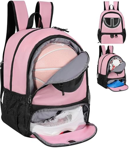 Mochila de baloncesto para hombre y mujer, compartimento para pelota y zapatos, 30 L, ligera, transpirable, niño y niña, fútbol, voleibol, deporte, viaje, escuela, gimnasio, rosa y negro