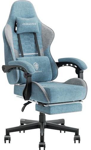 Dowinx Sedia Gaming, Sedia da Ufficio in Tessuto con Cuscino a Molle, Sedia Gamer Regolabile in Tessuto con Supporto per Testa, Sedia Ergonomica da Ufficio con Poggiapiedi, Bleu-Gris