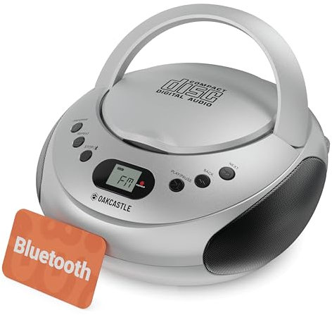 Portable Bluetooth CD Boombox with FM radio | CD, CD-R, CD-RW | 30 Presets | Easy Controls, LED Display, Headphone Jack | OAKCASTLE CD250 (Silver)