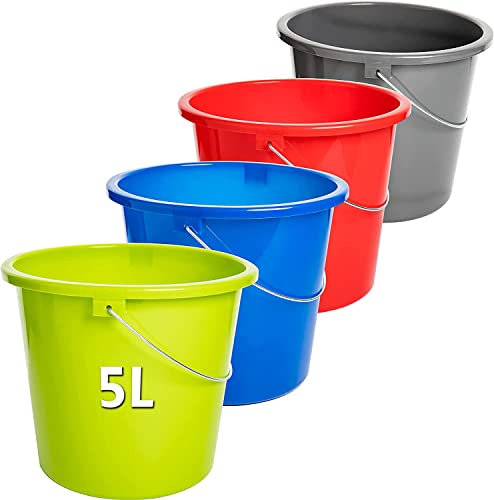 Sustania Eimer Putzeimer 5l, 4 Stück Plastikeimer, 5 Liter Haushalteimer, Wassereimer, Farbe: anthrazit, rot, grün, blau; mit Messkala, lebensmittelecht, Robuste & Langlebige Qualität - Made in EU
