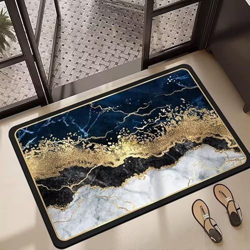 Badezimmerteppich 40X60Cm Gold Blau Badteppich rutschfest Waschbar,Duschvorleger Schnelltrocknend,Stein Badematte,Diatomite Stone Bath Mat,Super Absorbierende Badvorleger