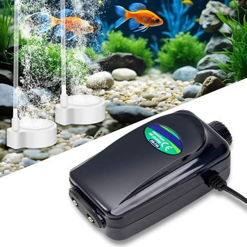 Zingbabu Pompe à air pour aquarium à double sortie, Pompe à oxygène silencieuse de 8W avec pierre à air, tuyauterie et clapet anti-retour, Aérateur réglable pour aquarium de 60 à 120 cm