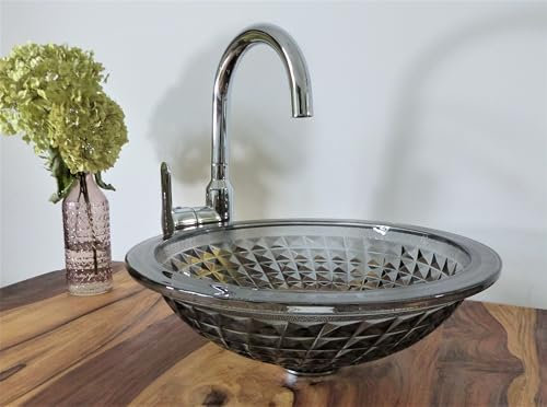 Nero Aufsatz Glas Waschschale Kristall grau rund 42cm Waschbecken Waschtisch anthrazit Glaswaschbecken Bad WC