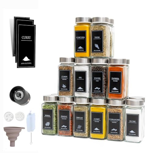 comforder – Pots à Épices en Verre et Métal + 336 Étiquettes Françaises pour Épices + 2 Moulins – 24 Bocaux de Cuisine 120 ml