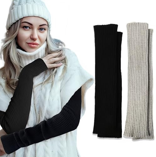 AHEJIOO 2 Paar Armstulpen Damen, Strick Halb Fingerlose Handschuhe Gestrickte, Arm Warmers, Handstulpen Damen, Armstulpen Damen Winter, Armwärmer, Stulpen Arm, Pulswärmer Damen, (Schwarz & Hellgrau)