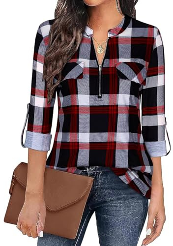 OUSIMEN Blouse à carreaux pour femme avec col en V avec fermeture éclair, manches 3/4, Small