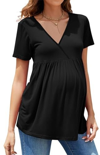 Hohololo T-shirt à manches courtes pour la maternité avec col en V - Hauts de grossesse pour femmes enceintes, Noir1, XXL